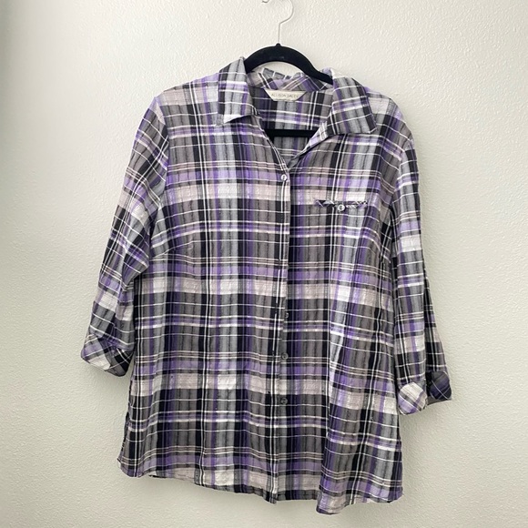 Allison Daley Purple Plaid Textured Button Down 3/4 Sleeve - Picture 13 of 13